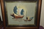 Oil on board "Traditional Chinese Junk Boats" Framed