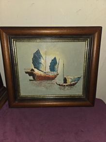 Oil on board "Traditional Chinese Junk Boats" Framed