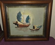 Oil on board "Traditional Chinese Junk Boats" Framed