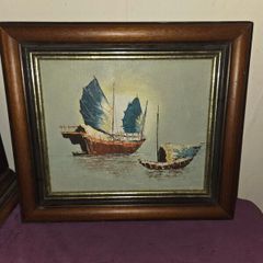Oil on board "Traditional Chinese Junk Boats" Framed