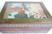 Vintage Wooden Trinket Box with Brass Detail &amp; Glass Covered Picture