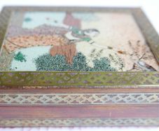 Vintage Wooden Trinket Box with Brass Detail & Glass Covered Picture