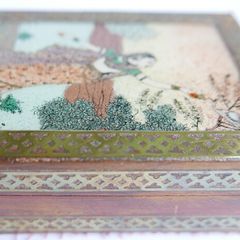 Vintage Wooden Trinket Box with Brass Detail & Glass Covered Picture