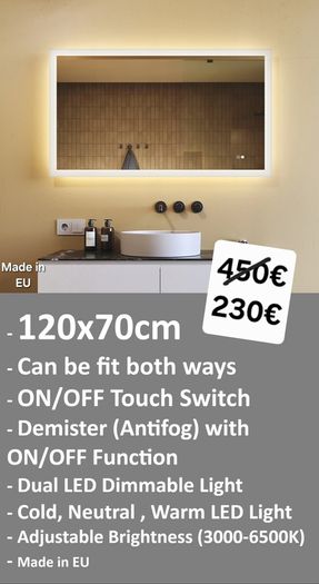 LED Bathroom Mirror 120x70cm Demister Dual LED Touch Switch Made in EU Makeup Cosmetic Bright