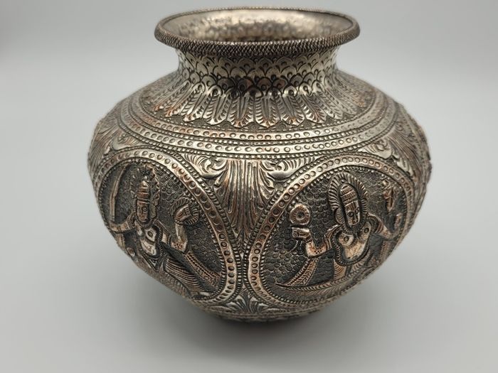 Antique Asian / Oriental White Metal Jar / Vase 19th Century Hand Decorated