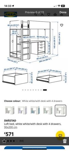 Smastad loft bed, wardrobe, drawers and desk