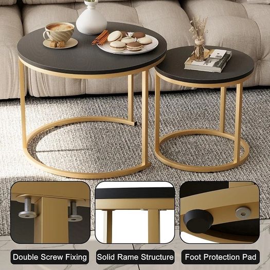 Round Coffee Tables, Set of 2 End Table, Nesting Tables, Side Table Metal Gold Frame for Living Room/Bedroom/Balcony/Office/Apartment, Diameter 23.6/15.7 IN, Black Top, Prevent right angles