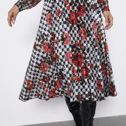 Zara Multicoloured Houndstooth & Floral Print Pleated Flowing Midi Skirt  Xs