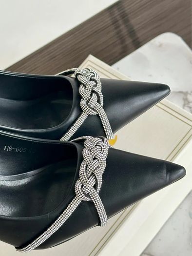 Black pointed toe high heels with rhinestone chain detail - size 40