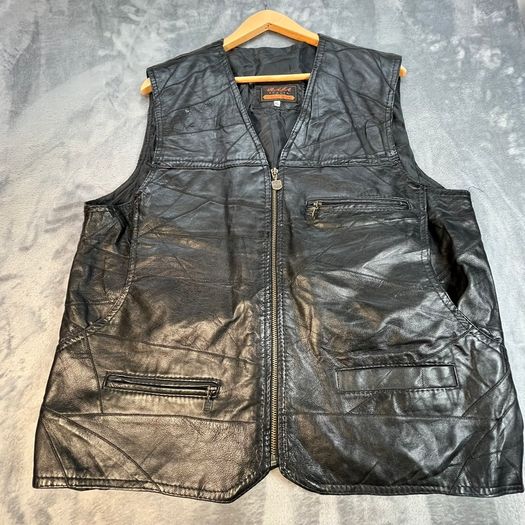 Elazar Leather Utility Vest Black Multi Pocket Outdoor Workwear - Lined - XL
