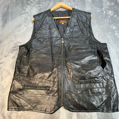 Elazar Leather Utility Vest Black Multi Pocket Outdoor Workwear - Lined - XL