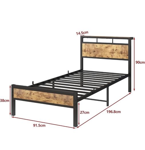 3ft Single Bed Frame with Wooden Storage Headboard, Black Metal Platform, No Box Spring Needed, Noise Free, Reinforced Strong Support Leg,Easy Assembly