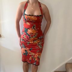 Karen Millen red floral halter neck midi dress with lace trim