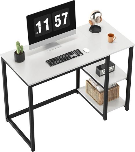 Computer Desk with 2-Tier Shelves 100cm Small Home Office Large Storage Space Sturdy Modern Gaming for Bedroom Study Writing Laptop Table White
