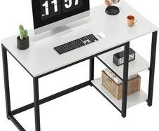 Computer Desk with 2-Tier Shelves 100cm Small Home Office Large Storage Space Sturdy Modern Gaming for Bedroom Study Writing Laptop Table White