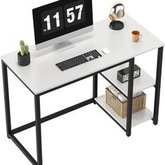 Computer Desk with 2-Tier Shelves 100cm Small Home Office Large Storage Space Sturdy Modern Gaming for Bedroom Study Writing Laptop Table White