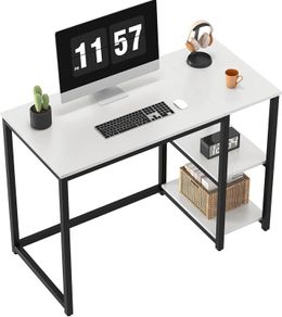 Computer Desk with 2-Tier Shelves 100cm Small Home Office Large Storage Space Sturdy Modern Gaming for Bedroom Study Writing Laptop Table White