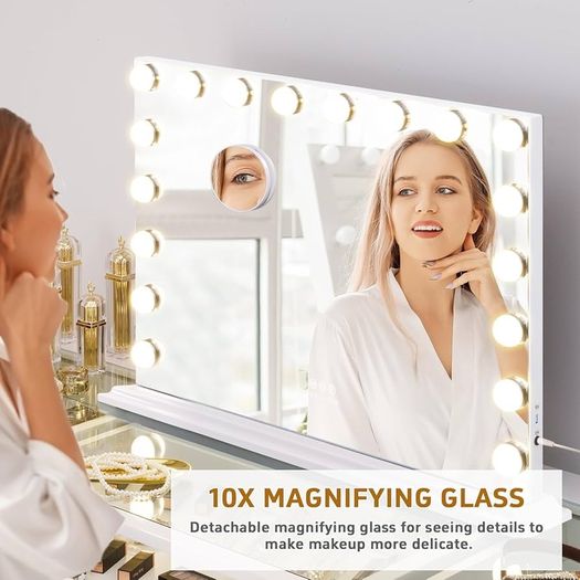Hollywood Mirror with Lights 18 LED Bulbs 80x58 cm USB Charing Port Vanity Makeup Mirror with Lights 3 Light Color 10X Magnifying Glass
