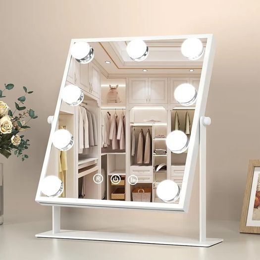 Makeup Mirror with Lights, Hollywood Vanity Mirror with 3 Colors Lighting Modes, Touch Control, 360 Ratation, Dimmable 9 LED Bulbs Lighted Makeup Mirror for Dressing Room & Bedroom White