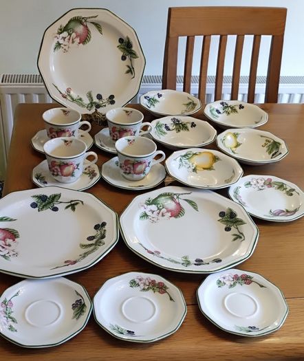 Set 20 pcs  by Churchill England, featuring a charming fruit and blossom design with a classic green rim. Beautifully made English pottery with lovely detail and quality.