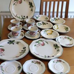 Set 20 pcs  by Churchill England, featuring a charming fruit and blossom design with a classic green rim. Beautifully made English pottery with lovely detail and quality.