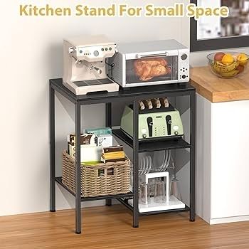 Kitchen Microwave Stand,4-Tier Adjustable Bakers Rack,Multi-Purpose Kitchen Storage Cart for Coffee Station,Space-Saving Metal Appliance Shelf for Living Room (Black)