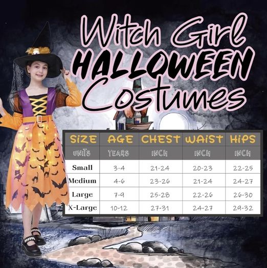 Witch costume with lights, Halloween, girl costume, carnival, cosplay, princess dress with witch broom and hat