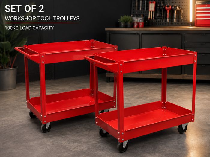 Set of 2 Workshop Tool Trolleys 100 kg Heavy-Duty Steel Garage Carts with 2 Shelves