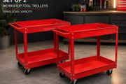 Set of 2 Workshop Tool Trolleys 100 kg Heavy-Duty Steel Garage Carts with 2 Shelves