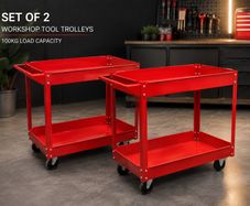 Set of 2 Workshop Tool Trolleys 100 kg Heavy-Duty Steel Garage Carts with 2 Shelves