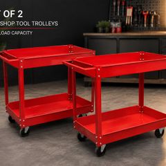 Set of 2 Workshop Tool Trolleys 100 kg Heavy-Duty Steel Garage Carts with 2 Shelves