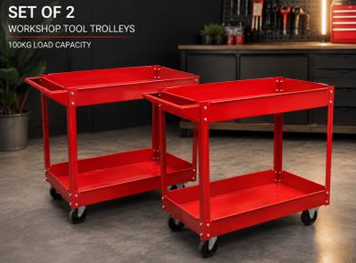 Set of 2 Workshop Tool Trolleys 100 kg Heavy-Duty Steel Garage Carts with 2 Shelves