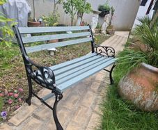 Garden Bench Cast iron fully restored seat outside outdoor garden sitting treated timber decorations, furniture patio  decking, home house cottage ignore flowers pots plants, garden statue chair  swing patio heater bbq hammock sun  farm shop gift kids boy