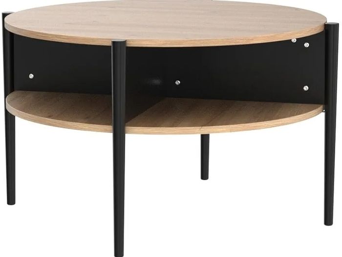 Wood Round Coffee Table with 2 Tier Storage Partitioned Shelf Industrial Modern Design Sofa Table for Living Room