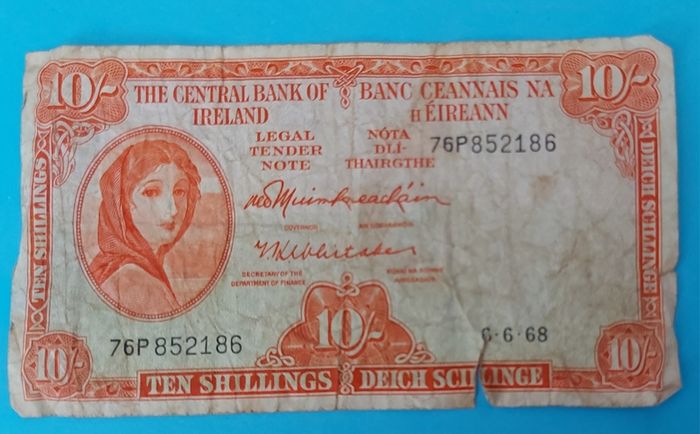 Irish 1968 Lavery ten shilling banknote in used condition