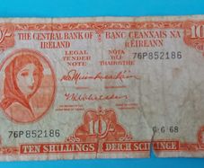 Irish 1968 Lavery ten shilling banknote in used condition