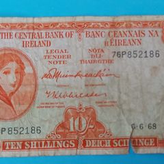 Irish 1968 Lavery ten shilling banknote in used condition