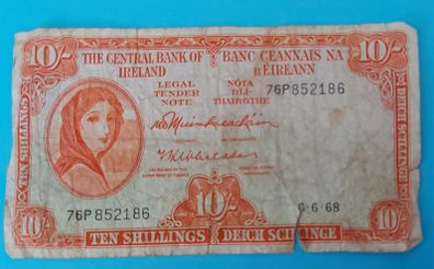 Irish 1968 Lavery ten shilling banknote in used condition