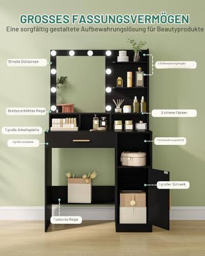 Dressing Table with Mirror and 10 LED Lights, Vanity Unit with 3 Shelves & 4 Open Compartments