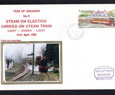1993 Isle of Man Cover showing Year of Railways No 9 Steam on Electric Carried on Steam Train Laxey - Dhoon - Laxey tying 20p No 1 Motor Car and No. 13 Trailer at Groudle Glen Hotel commemorative stamp