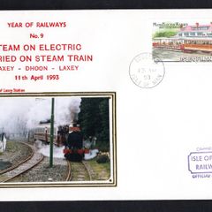 1993 Isle of Man Cover showing Year of Railways No 9 Steam on Electric Carried on Steam Train Laxey - Dhoon - Laxey tying 20p No 1 Motor Car and No. 13 Trailer at Groudle Glen Hotel commemorative stamp