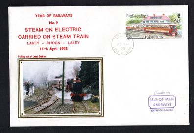 1993 Isle of Man Cover showing Year of Railways No 9 Steam on Electric Carried on Steam Train Laxey - Dhoon - Laxey tying 20p No 1 Motor Car and No. 13 Trailer at Groudle Glen Hotel commemorative stamp