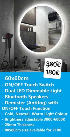 LED Bathroom Mirror Speakers Music Fog Free