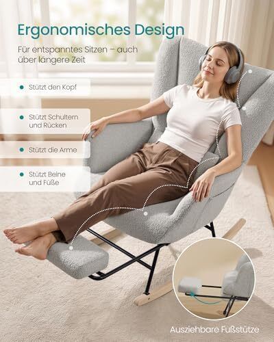 Rocking Chair Removable Cushion Side Pockets Wooden Legs Dove Grey