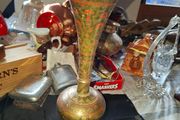 A Beautiful Large Old Brass Vase featuring intricate etched or engraved floral patterns with red enamel inlay, Postage Available or Collection