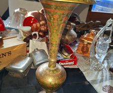 A Beautiful Large Old Brass Vase featuring intricate etched or engraved floral patterns with red enamel inlay, Postage Available or Collection
