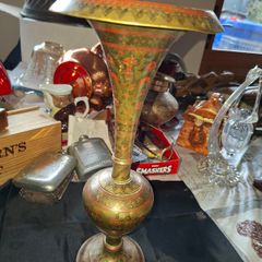 A Beautiful Large Old Brass Vase featuring intricate etched or engraved floral patterns with red enamel inlay, Postage Available or Collection