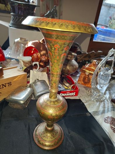 A Beautiful Large Old Brass Vase featuring intricate etched or engraved floral patterns with red enamel inlay, Postage Available or Collection