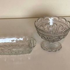 Vintage Pressed Glass Serving Set | Pedestal Bowl & Serving Tray