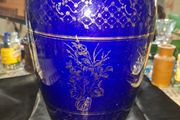 Antique Cobalt Blue Large Glass Vase featuring a Gilt Floral Design, Postage Available